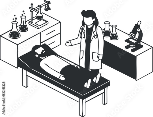 A doctor examining a patient on a table in a black and white outline vector style, suitable for healthcare illustrations