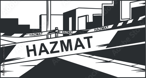 A hazmat warning sign displayed in black and white minimalist vector style, suitable for safety and emergency awareness designs