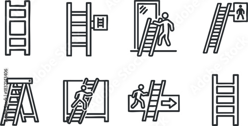 A collection of various ladder illustrations in minimalist outline vector style, suitable for construction and safety-themed projects