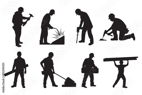 a collection of construction workers in various poses shown as dark shapes against a white background silhouette