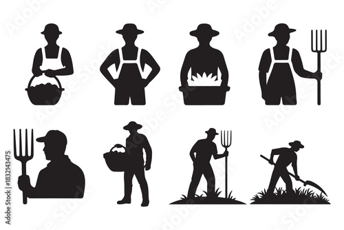 a collection of black farmer figures in various poses with tools and baskets all rendered in silhouette
