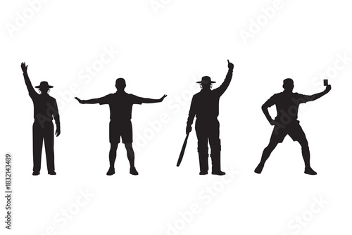 a row of four figures in various poses seemingly celebrating or gesturing with arms raised silhouette