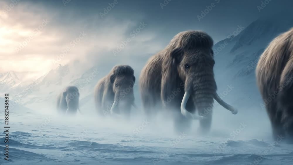 Snow-draped plains show a herd of woolly mammoths trudging through fog ...