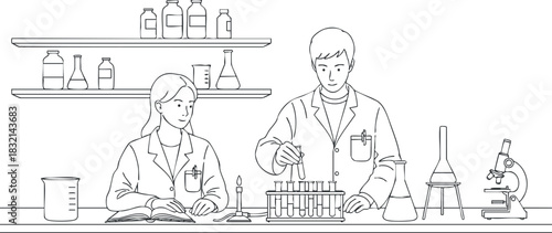 A set of scientists working in a laboratory with test tubes and various scientific equipment in minimalist outline vector style, ideal for educational materials and scientific presentations