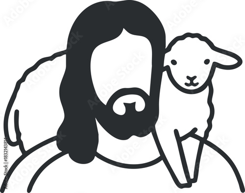 A minimalist outline illustration of a shepherd with a lamb on his shoulder in a modern vector style, suitable for religious themes and spiritual artwork