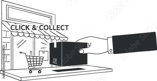 A click and collect service illustration featuring a shopping cart and a hand receiving a package in minimalist black and white vector style, ideal for e-commerce branding