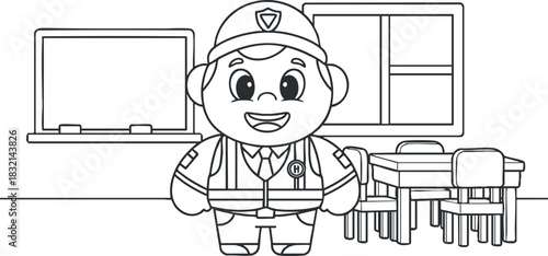 A cheerful cartoon character in a school uniform standing in a classroom setting in black and white outline vector style, ideal for educational materials
