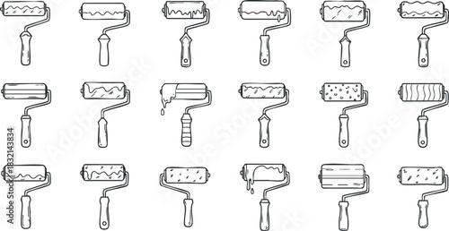 A collection of paint rollers in outline vector style, perfect for home improvement and renovation projects