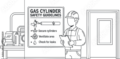 A worker reading gas cylinder safety guidelines in flat black and white vector style, ideal for industrial safety training materials