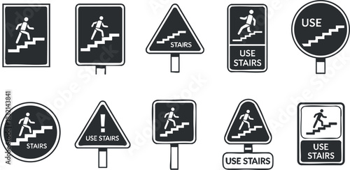 A collection of stairs warning signs and icons in flat black and white vector style, perfect for safety signage and wayfinding