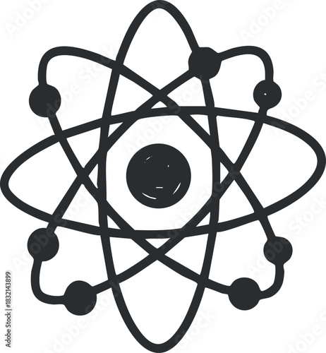 An atom symbol with electrons orbiting the nucleus in a minimalist black and white vector style, ideal for educational materials