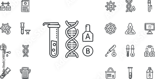A collection of laboratory icons including test tubes, DNA strands, and scientific equipment in modern flat vector style, suitable for educational and medical projects