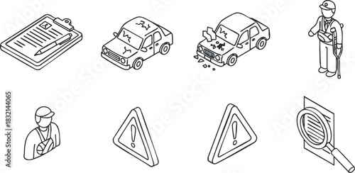 A collection of automotive service and repair icons including a clipboard, car accident scene, mechanic, and safety signs in outline vector style, suitable for automotive industry graphics