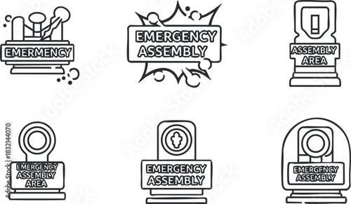 A collection of emergency assembly area icons in outline vector style, suitable for safety signage and emergency protocols