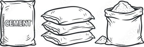 A set of cement bags in black and white outline vector style, ideal for construction and building industry projects