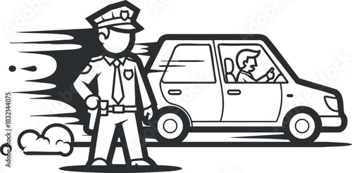 A police officer standing beside a speeding car in minimalist black and white vector style, ideal for law enforcement illustrations