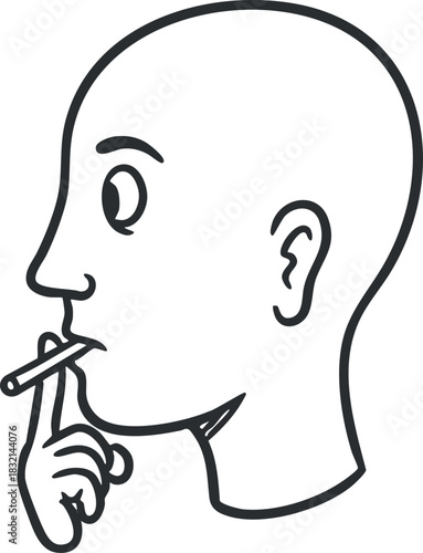 A profile illustration of a thoughtful person with a cigarette and a finger to their lips in minimalist outline style, ideal for social commentary designs