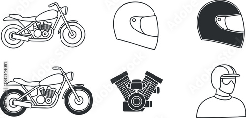 A collection of motorcycle icons including bikes, helmets, and engines in black and white minimalist vector style, ideal for automotive design and branding
