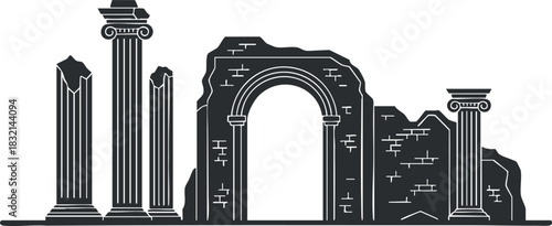 A set of ancient ruins featuring columns, an arch, and stone structures in black and white vector style, ideal for historical illustrations and educational projects