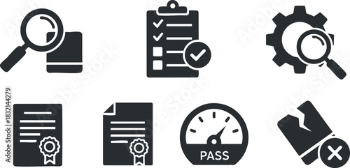 A collection of inspection and evaluation icons including a magnifying glass, checklist, gear, and certificates in flat black and white vector style, ideal for business and management branding