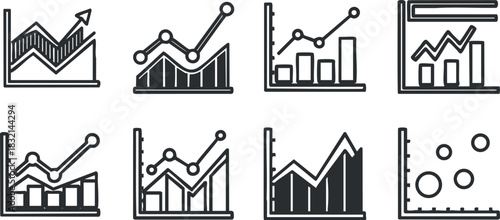 A collection of various data graphs and charts in minimalist black and white vector style, suitable for business presentations and reports