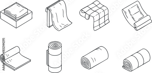 A set of various folded and rolled towels and linens in outline minimalist vector style, perfect for home decor and interior design