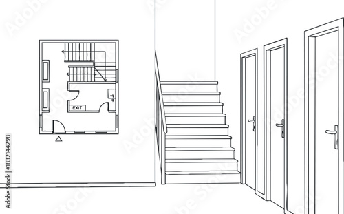 A minimalist outline illustration of a staircase and corridor with doors, featuring a floor plan on the wall, ideal for architectural design projects