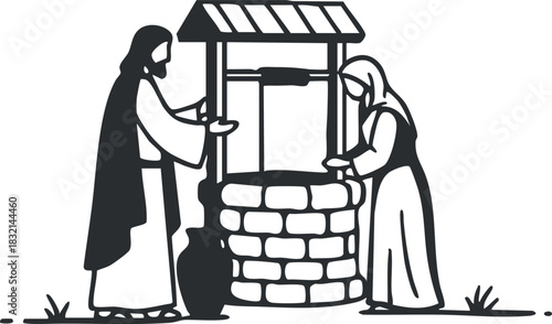 A scene depicting Jesus and a woman at a stone well in black and white outline vector style, suitable for religious illustrations