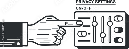 A hand pointing at on/off privacy settings with sliders in flat modern vector style, ideal for tech applications