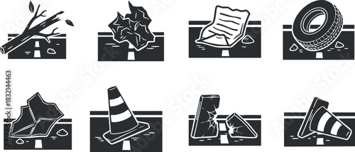 A collection of waste disposal icons including branches, leaves, paper, tire, and traffic cones in flat black and white vector style, ideal for environmental awareness projects