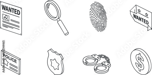 A collection of wanted posters, police badges, magnifying glasses, fingerprints, and handcuffs in minimalist black outline vector style, suitable for crime and investigation themes