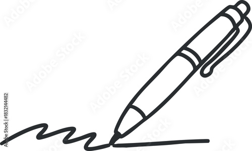 A simple outline drawing of a pen writing on paper in minimalist black and white vector style, suitable for educational and office design projects