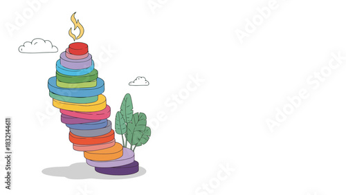 Colorful Stacked Rings Tower with Burning Flame on Top Balancing Act Illustration