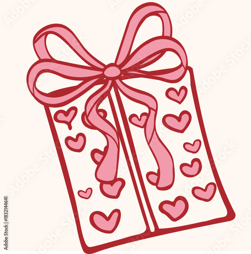 Wallpaper Mural Minimalist line art doodle illustration of a decorated gift box wrapped with pink hearts and a large ribbon bow on a light background. Perfect for celebrations, surprises, anniversaries, and romance. Torontodigital.ca