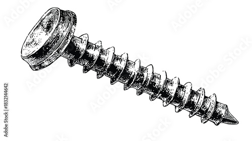 Detailed Black and White Screw Drawing with Enhanced Realism for Technical Visual Representation