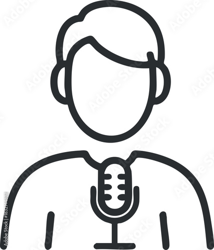A person speaking into a microphone in outline vector style, suitable for podcasting and broadcasting projects