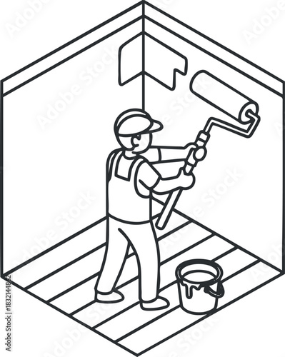 A painter using a roller to paint a wall in black and white outline vector style, ideal for home renovation projects