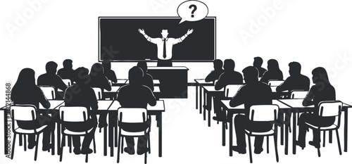 A classroom scene with a teacher presenting to students in black and white vector style, ideal for educational materials