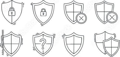 A collection of security shield icons with various symbols including lock, checkmark, cross, and question mark in outline vector style, suitable for cybersecurity and protection themes