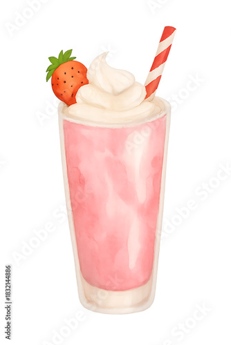 Delicious strawberry milkshake illustration with whipped cream, fresh berry, and striped straw, isolated for summer.