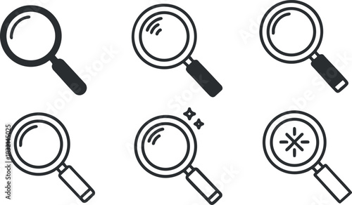 A set of six magnifying glass icons in black outline vector style, suitable for web design and user interface projects