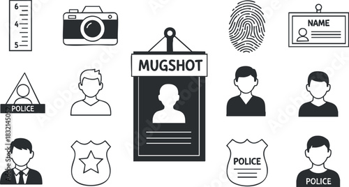 A collection of police-related icons including a mugshot, fingerprint, camera, and identification badge in minimalistic black and white vector style, ideal for law enforcement graphics