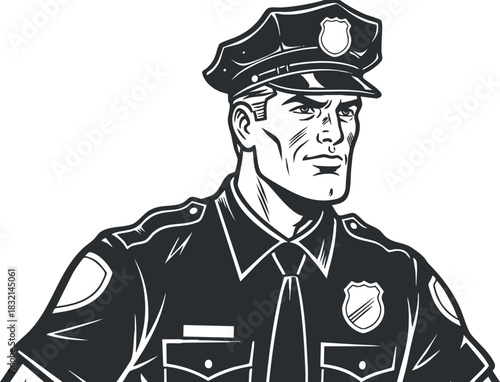 A police officer in a black and white graphic style, ideal for law enforcement themes and community safety design