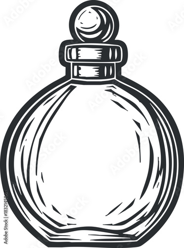A vintage round glass bottle with a cap in hand-drawn outline style, ideal for cosmetic and wellness branding