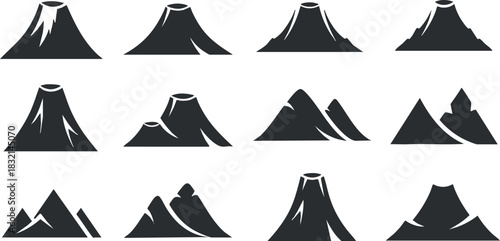 A collection of twelve mountain and volcano icons in black and white outline vector style, suitable for nature-themed designs