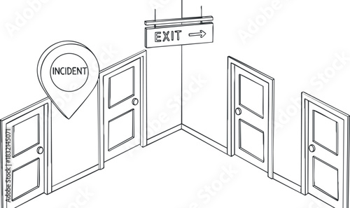 An illustration of an exit sign with an arrow and an incident marker in black and white outline vector style, suitable for safety signage and emergency planning