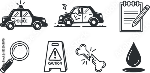 A collection of police, accident, and investigation icons in flat outline vector style, suitable for safety and emergency design projects