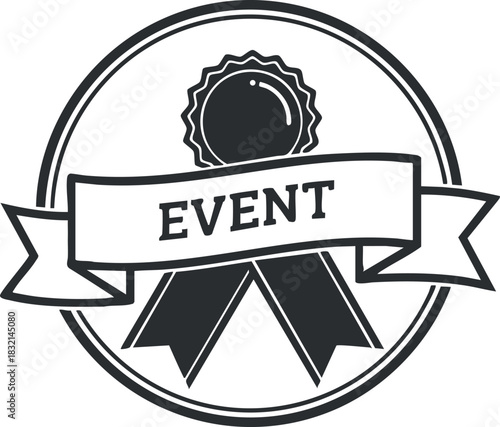 A decorative event badge with a ribbon and seal in black and white vintage vector style, ideal for event branding and promotion