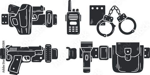 A collection of police equipment including a gun, handcuffs, radio, and utility belt in black and white vector style, ideal for law enforcement graphics