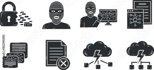 A collection of cybersecurity icons featuring a padlock, hacker, computer screen, and security threats in black and white vector style, ideal for tech and security projects